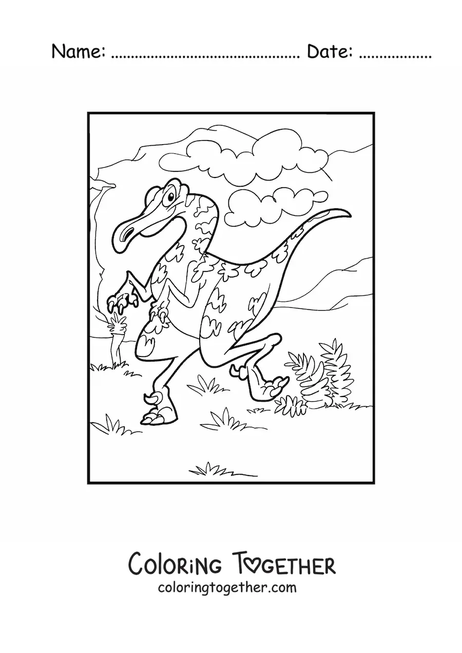 Coloring page of a bipedal land dinosaur in its habitat
