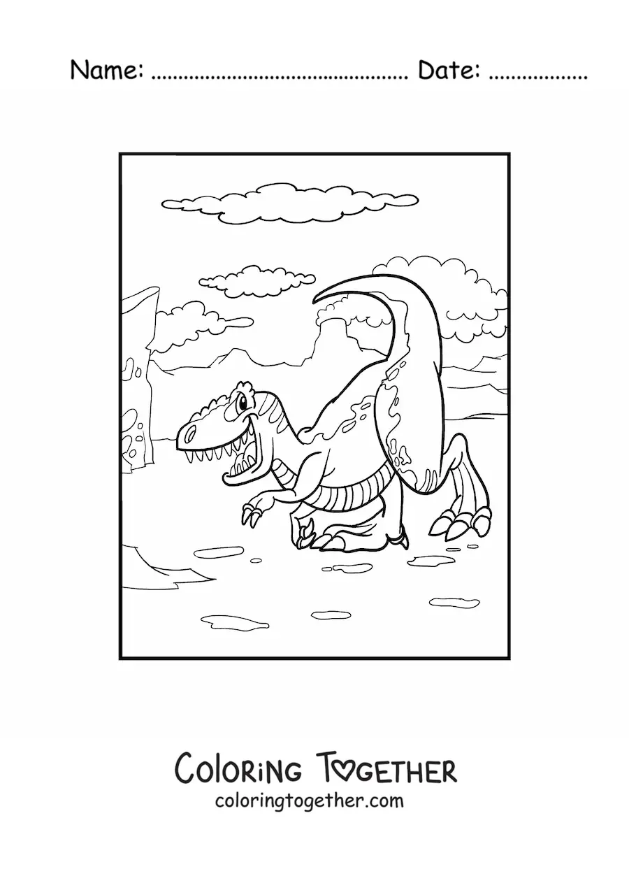 Coloring page of a funny cartoon land dinosaur in its habitat
