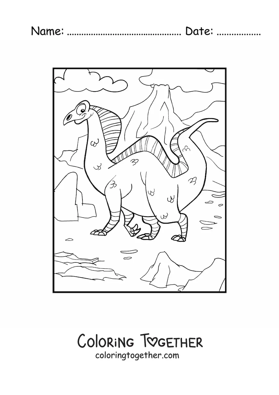 Coloring page of a big land dinosaur in front of a volcano