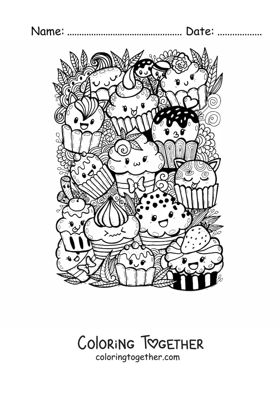 Coloring page of kawaii cupcakes with leaves and flowers