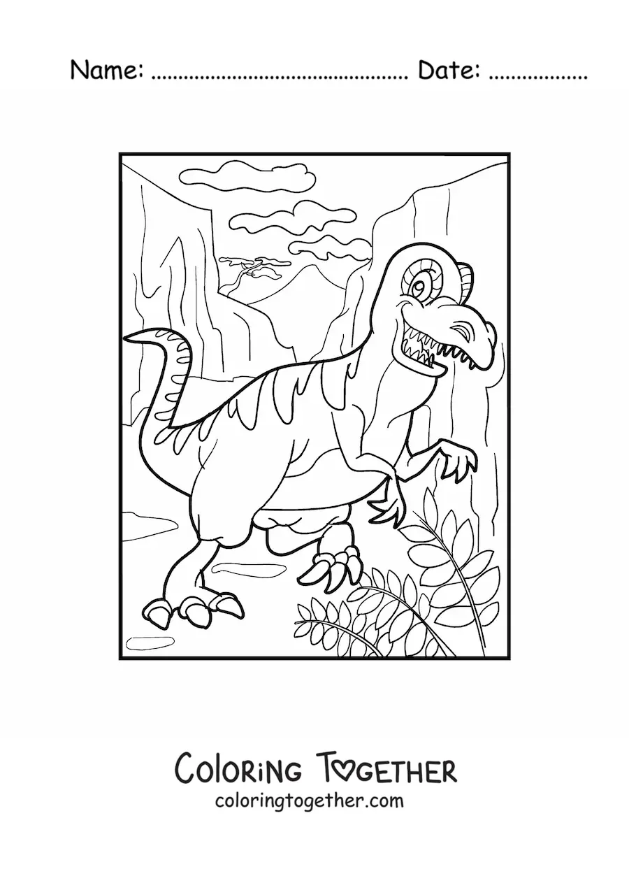 Coloring page of a cartoon land dinosaur in a canyon