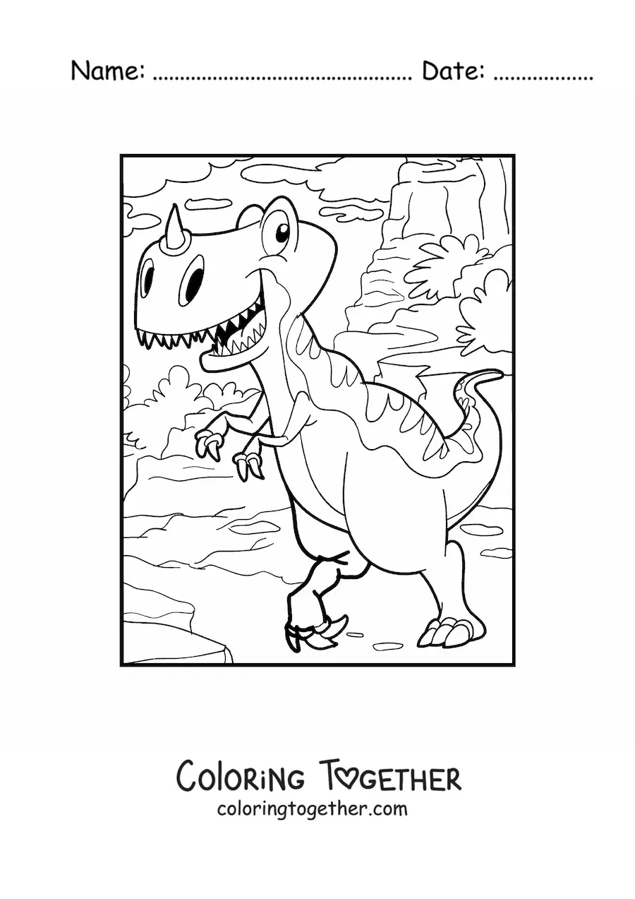 Coloring page of a bipedal land dinosaur with a horn
