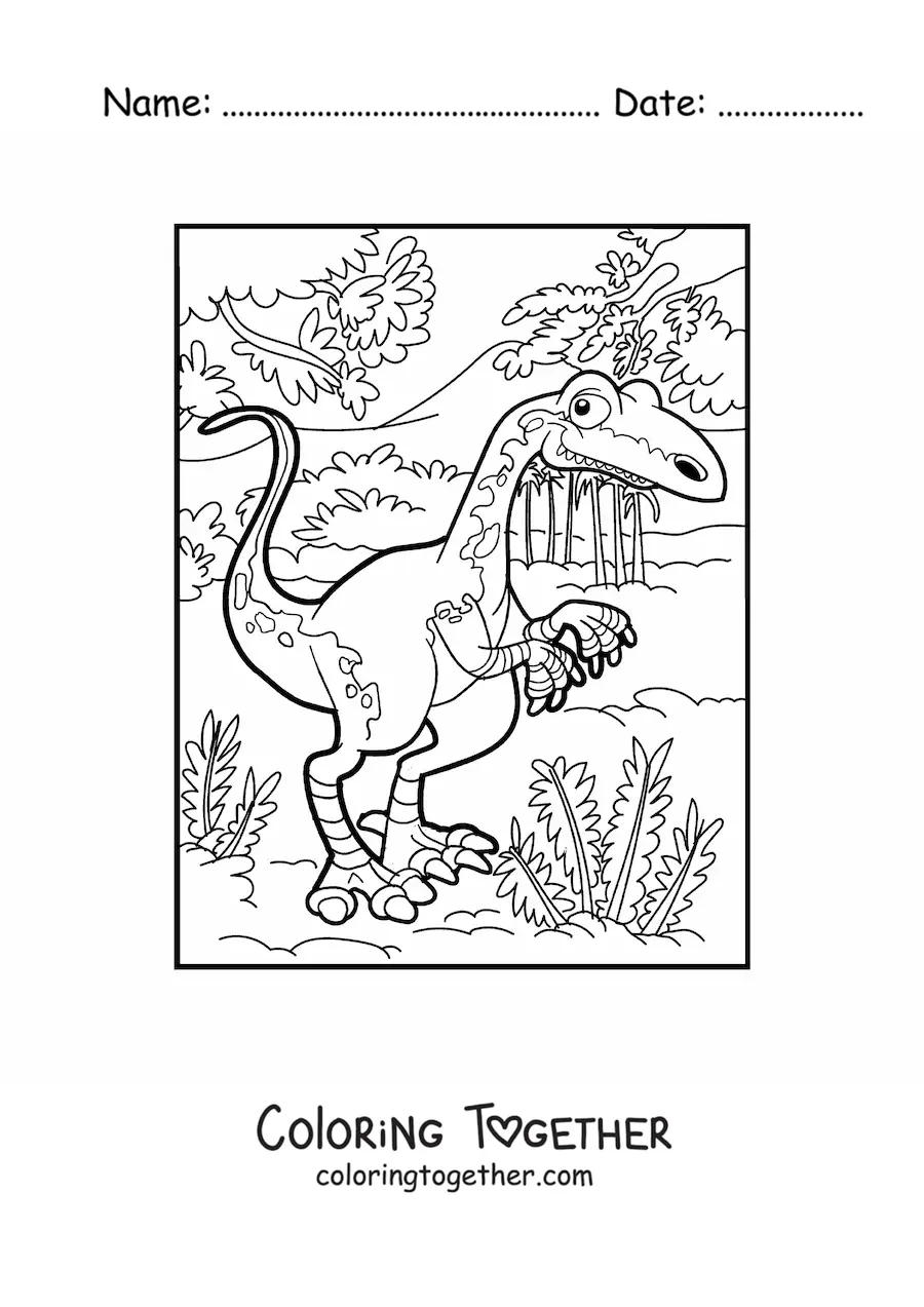 Coloring page of a bipedal land dinosaur in the jungle