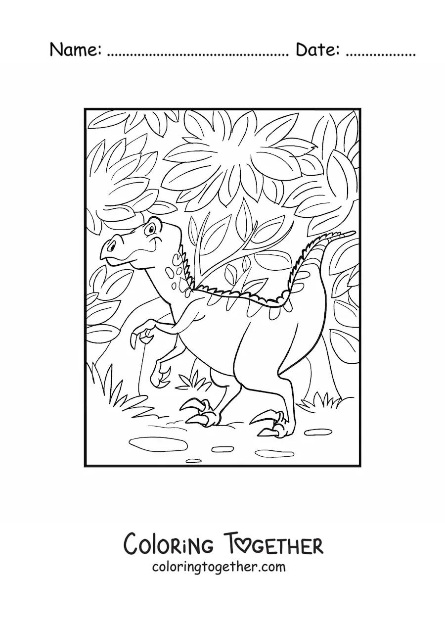 Coloring page of a land dinosaur walking in the jungle