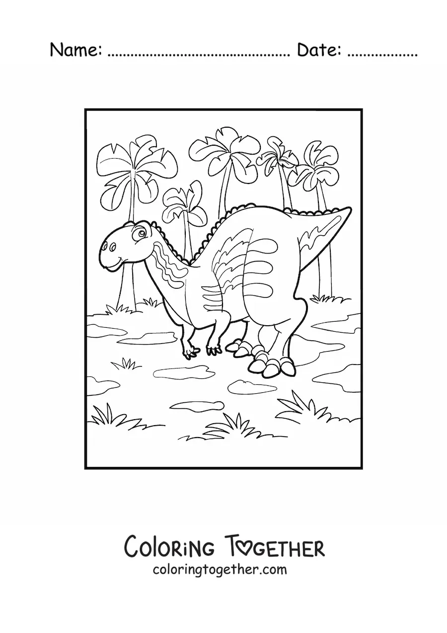 Coloring page of a land dinosaur with palm trees