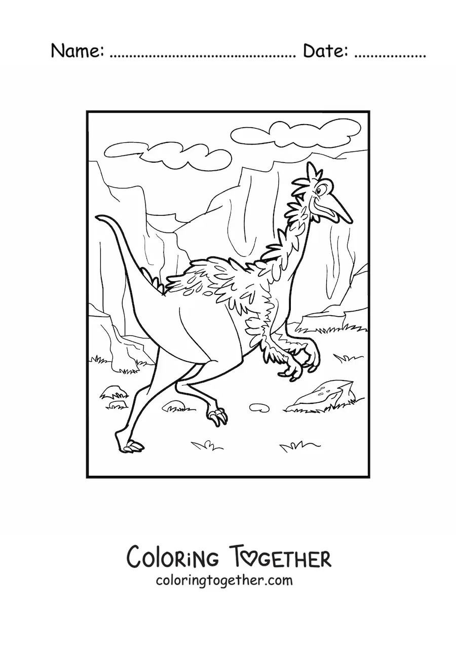 Coloring page of a land dinosaur with feathers in a canyon