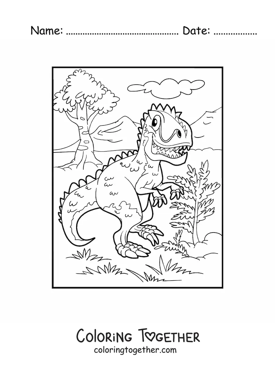 Coloring page of a carnivorous land dinosaur in the savanna