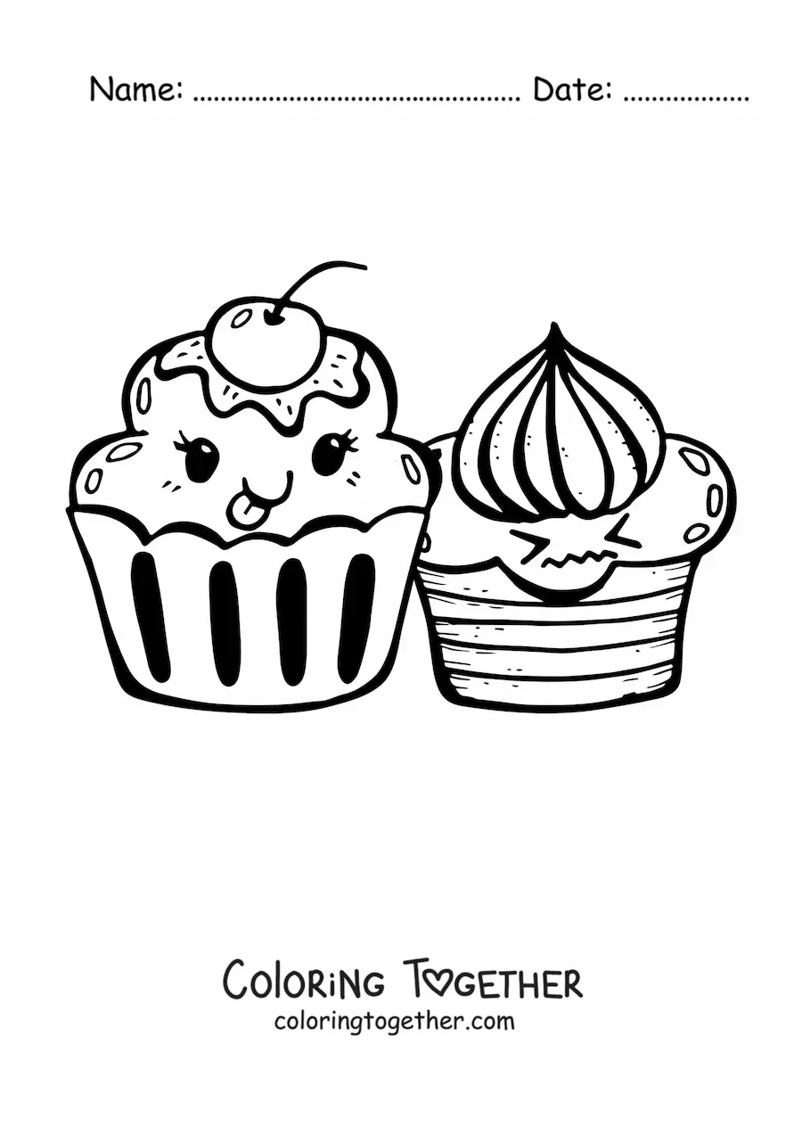 Coloring page of two kawaii cupcakes
