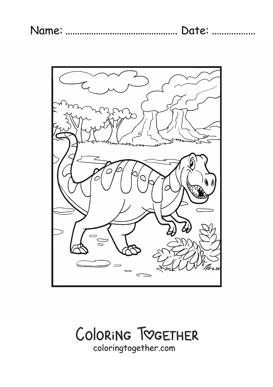 Coloring page of a land dinosaur with a Jurassic landscape