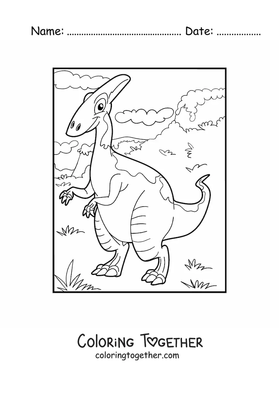 Coloring page of a cartoon land dinosaur in a natural landscape