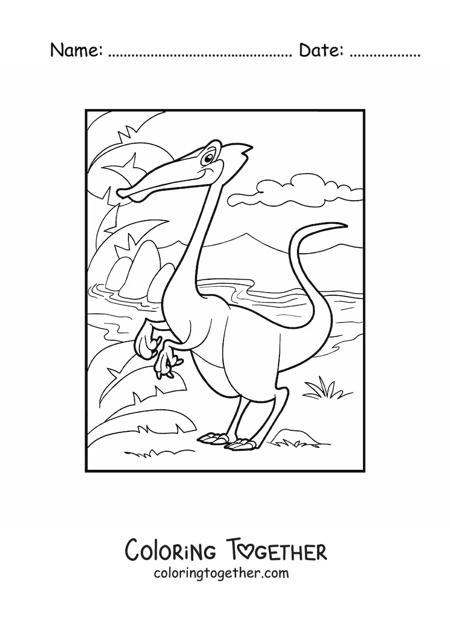Coloring page of a bipedal land dinosaur beside a river