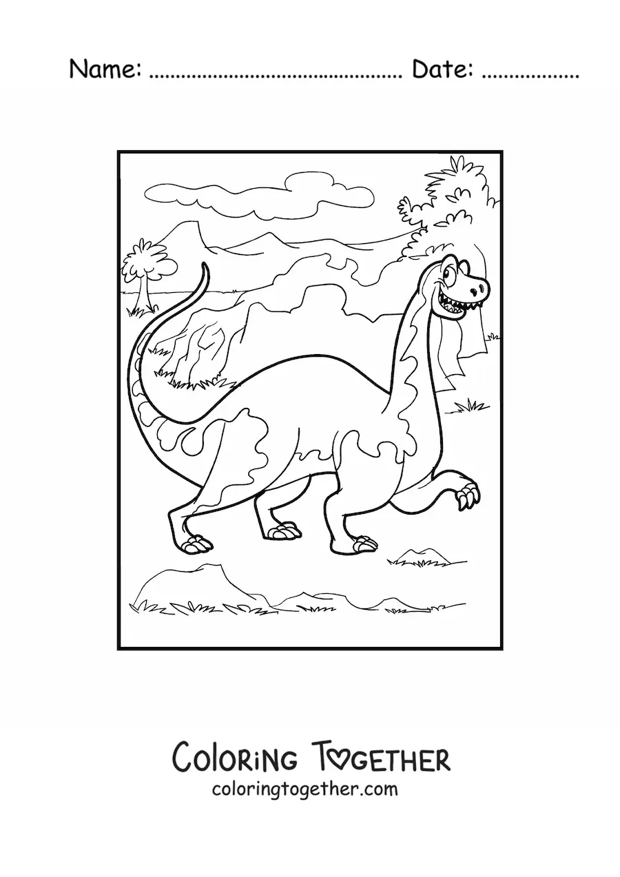 Coloring page of a big cartoon land dinosaur in the savanna