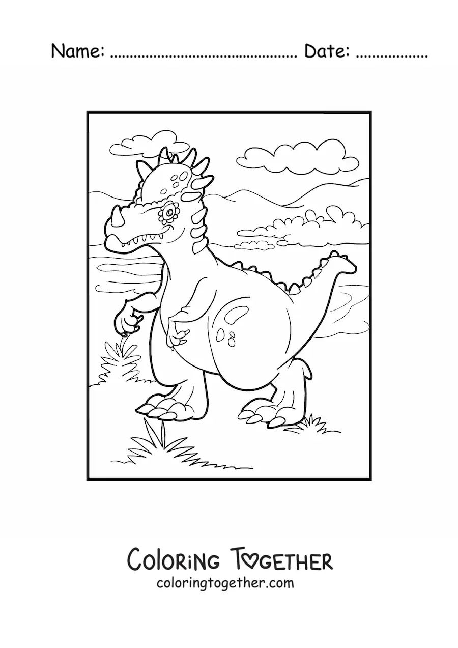 Coloring page of a small land dinosaur walking in its habitat