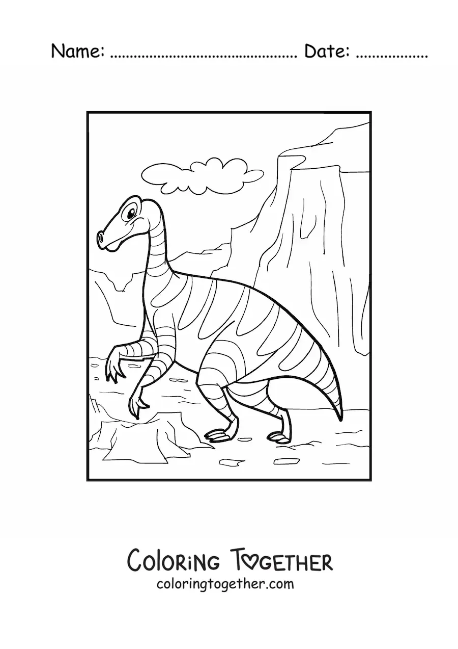 Coloring page of a big land dinosaur walking in its habitat