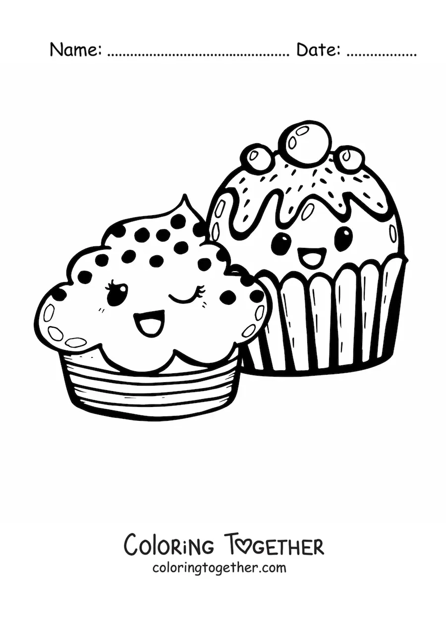 Coloring page of two kawaii cupcakes