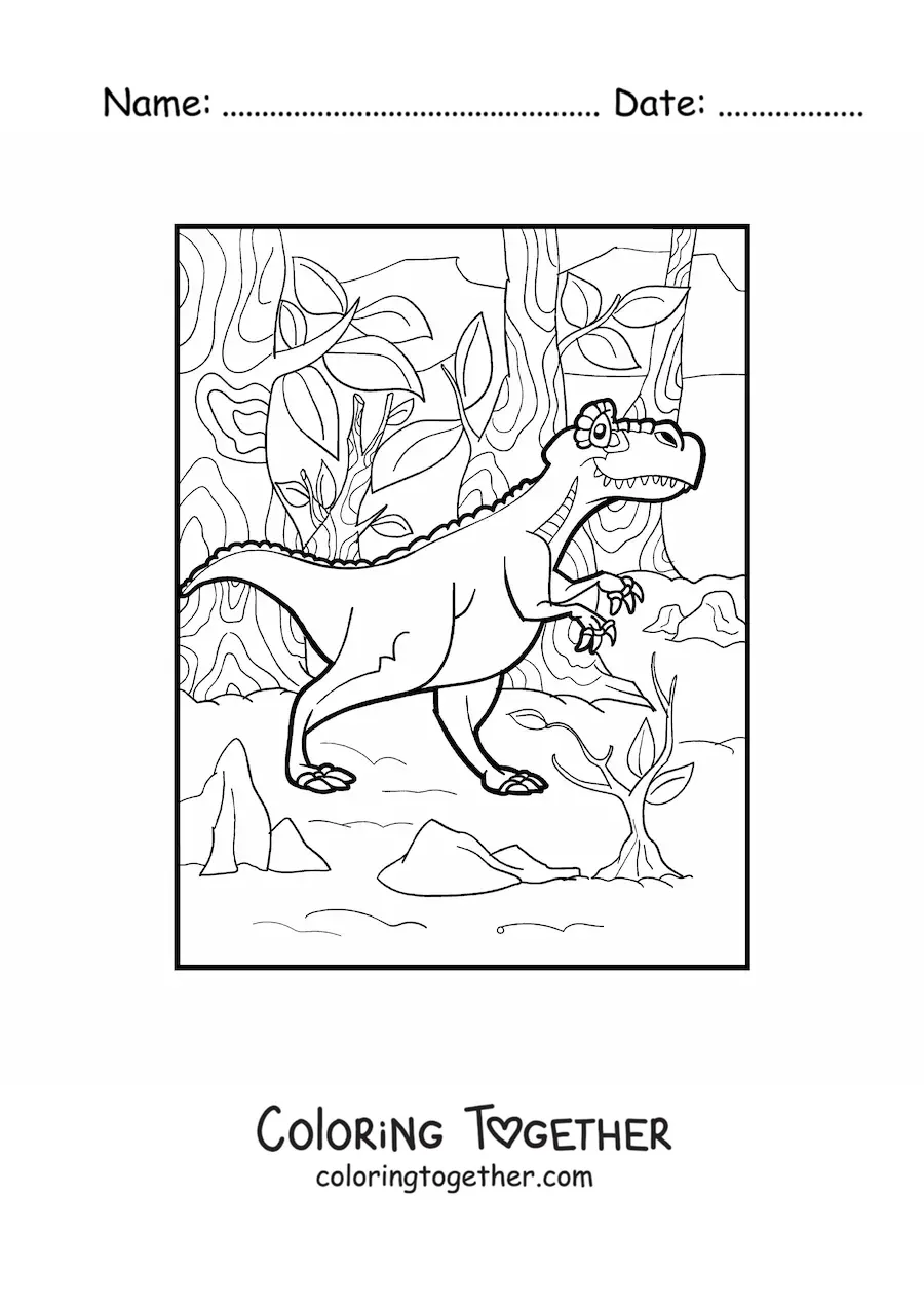 Coloring page of a carnivorous land dinosaur in the jungle