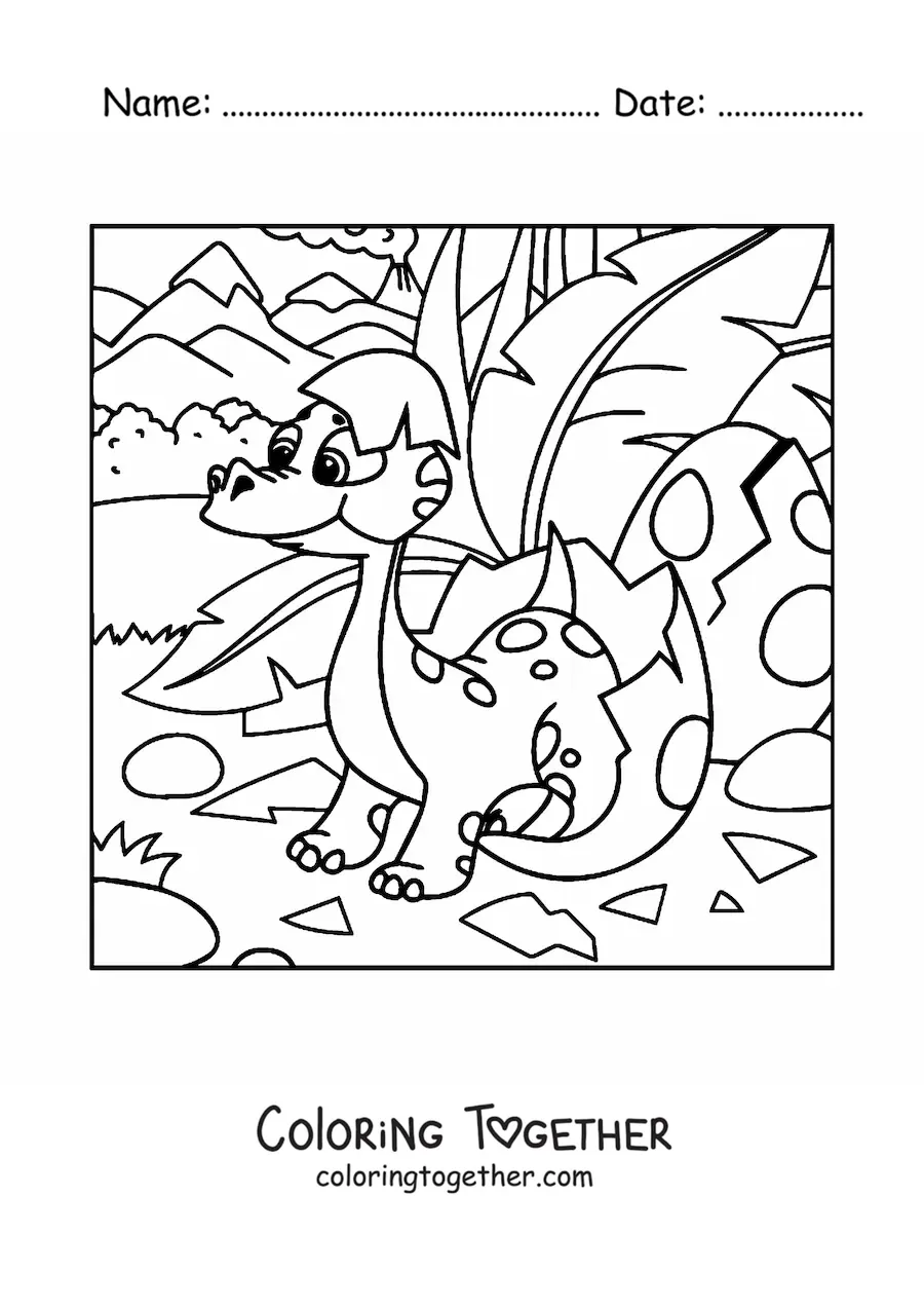 Coloring page of a cartoon baby dinosaur hatching from its egg in the jungle