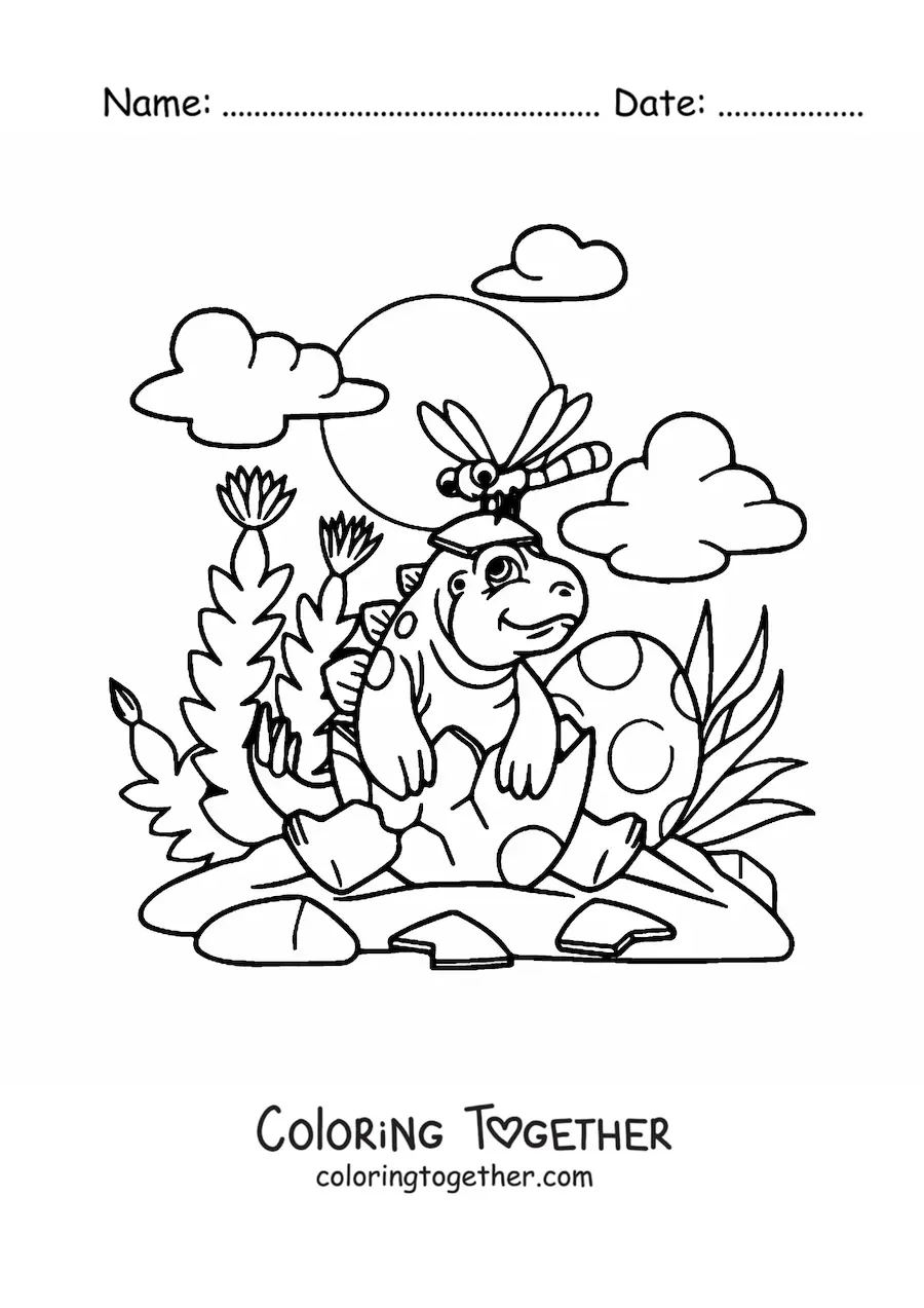 Coloring page of a cartoon baby dinosaur hatching from its egg