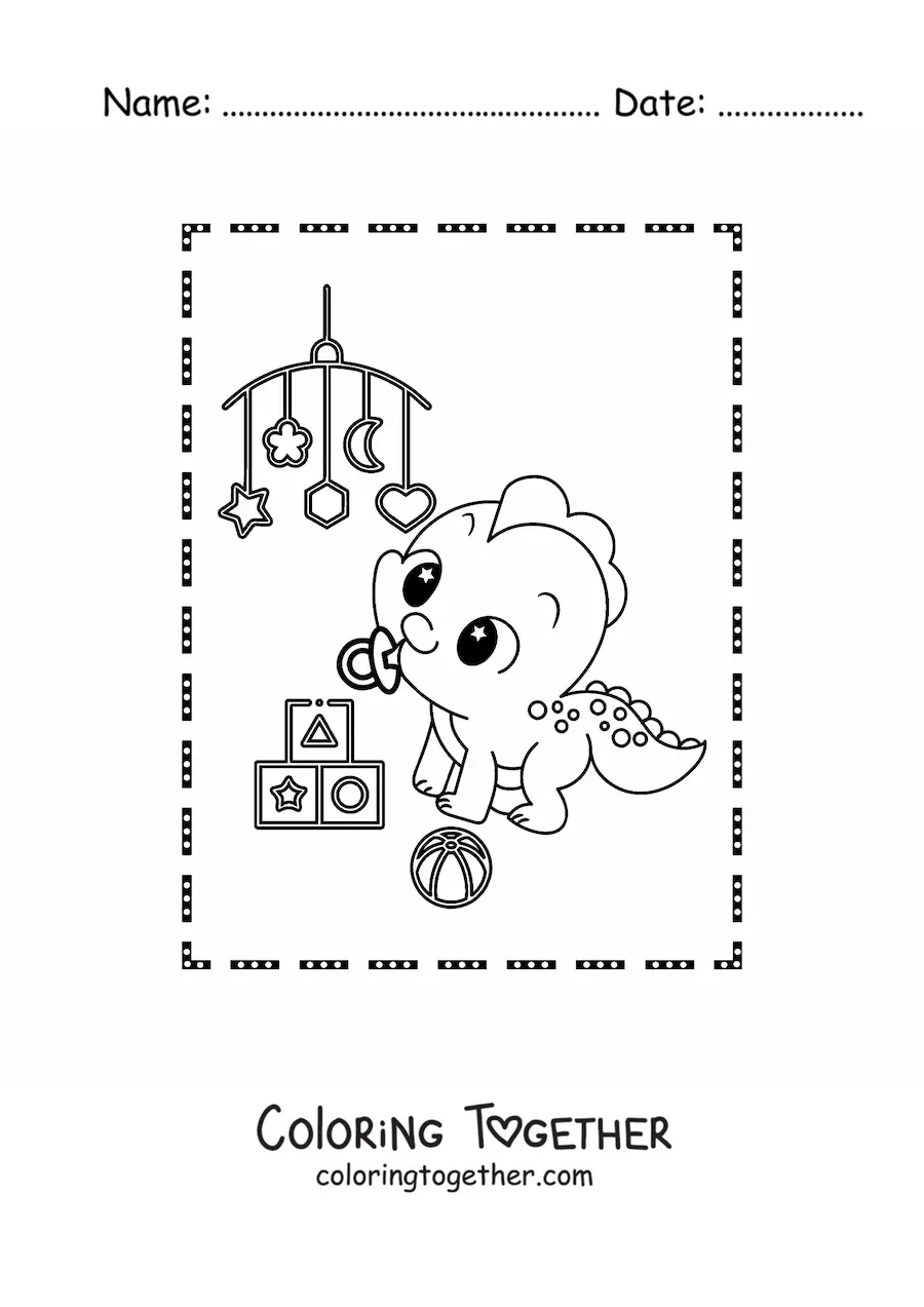 Coloring page of a kawaii baby dinosaur with toys