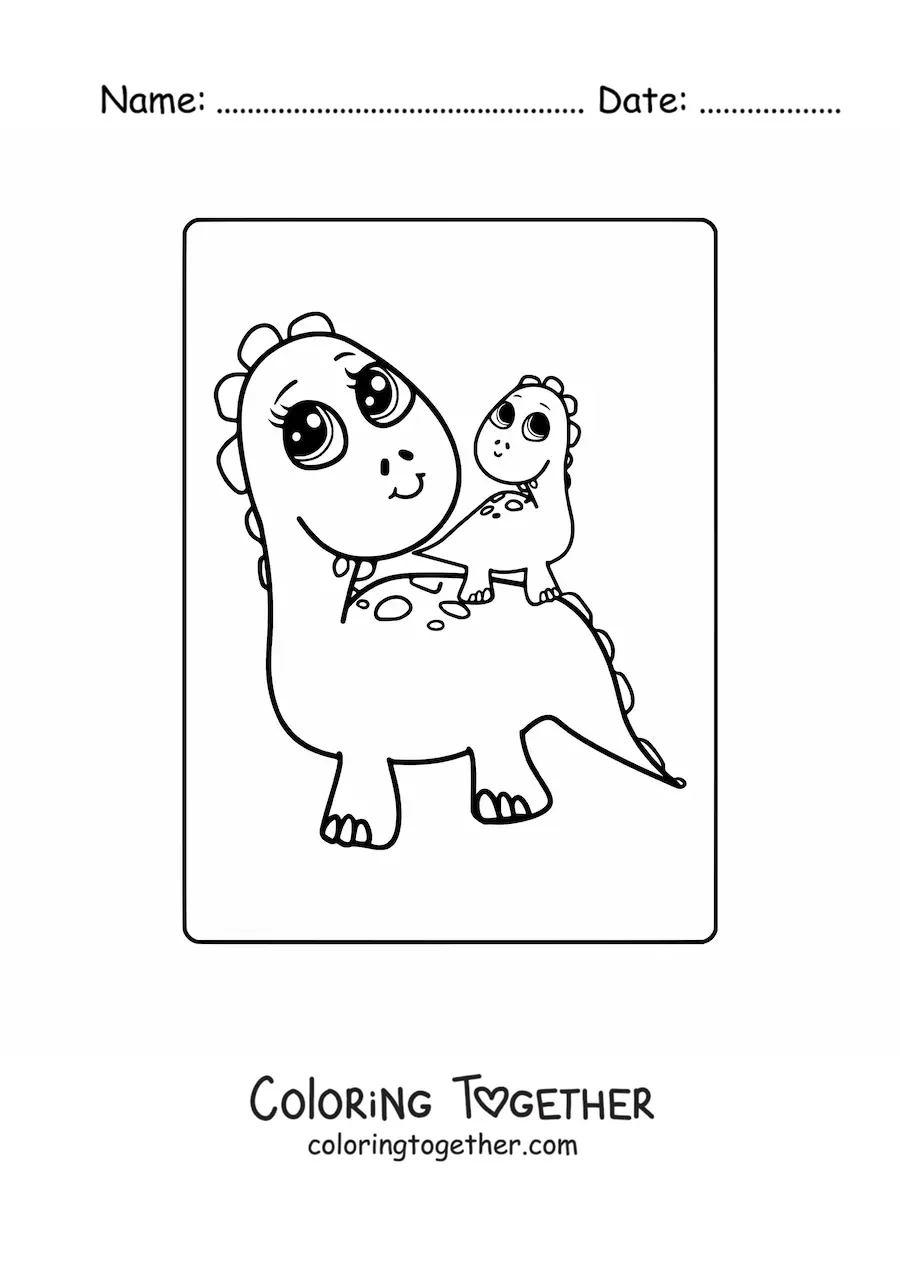 Coloring page of a kawaii baby dinosaur with its mom