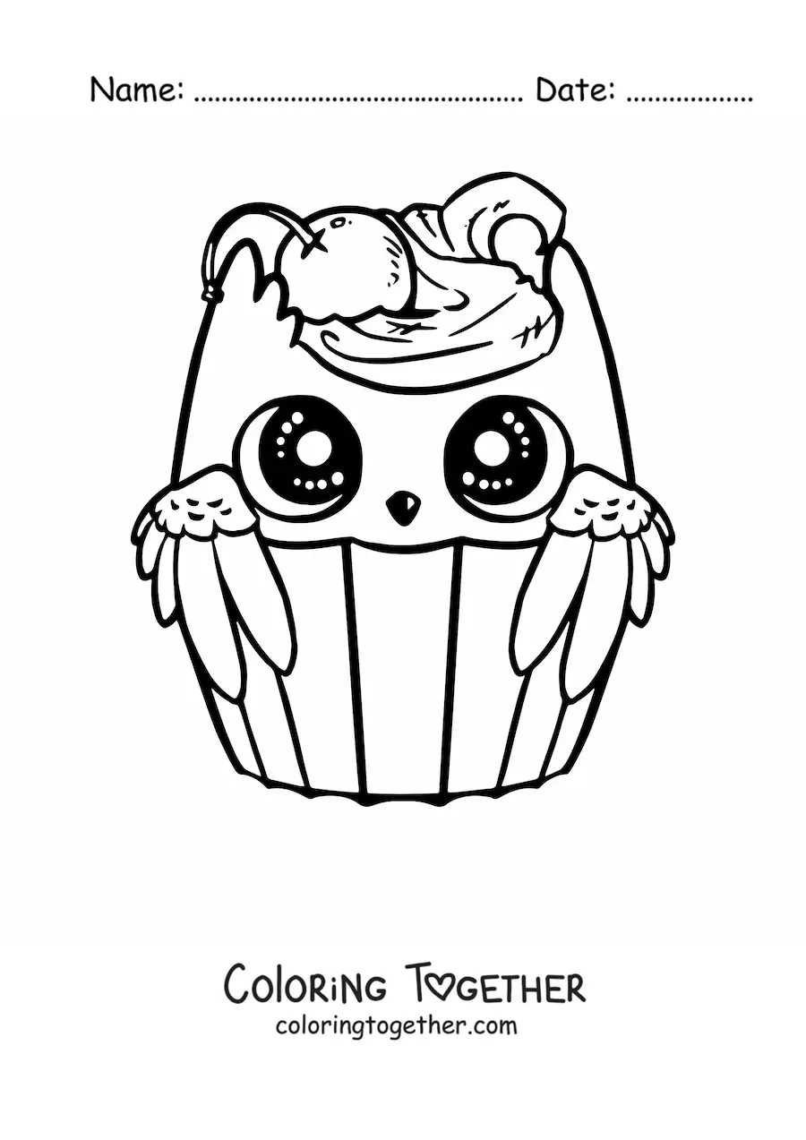 Coloring page of a kawaii owl cupcake with a cherry