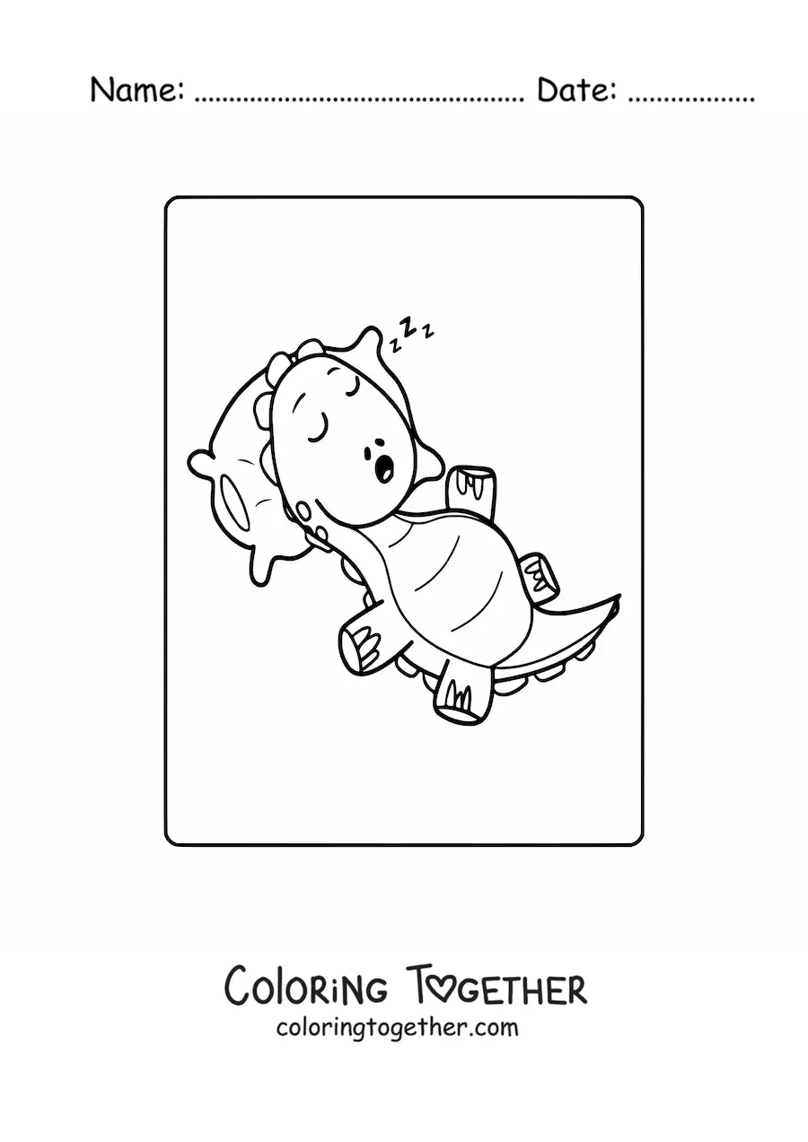 Coloring page of a kawaii baby dinosaur sleeping