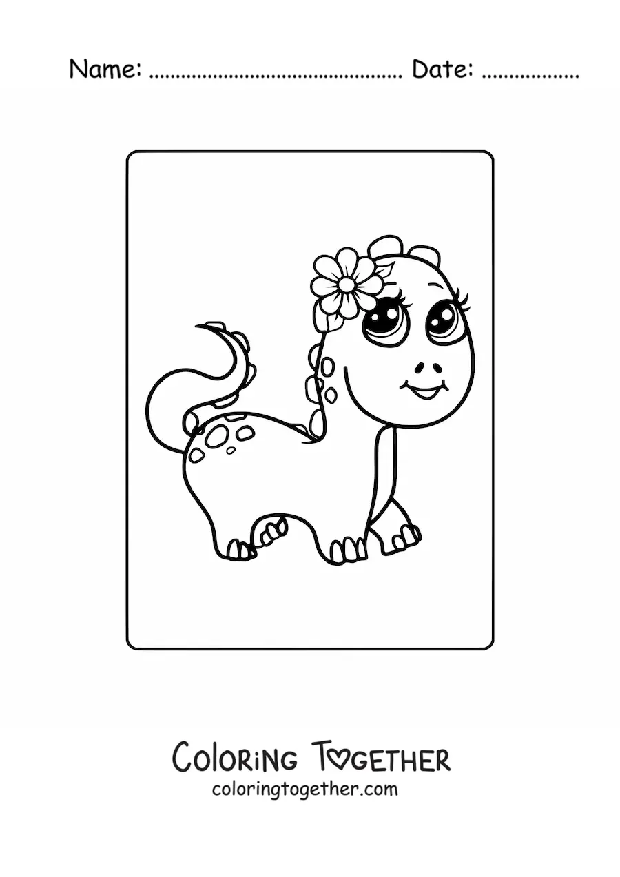 Coloring page of a kawaii baby dinosaur with a flower