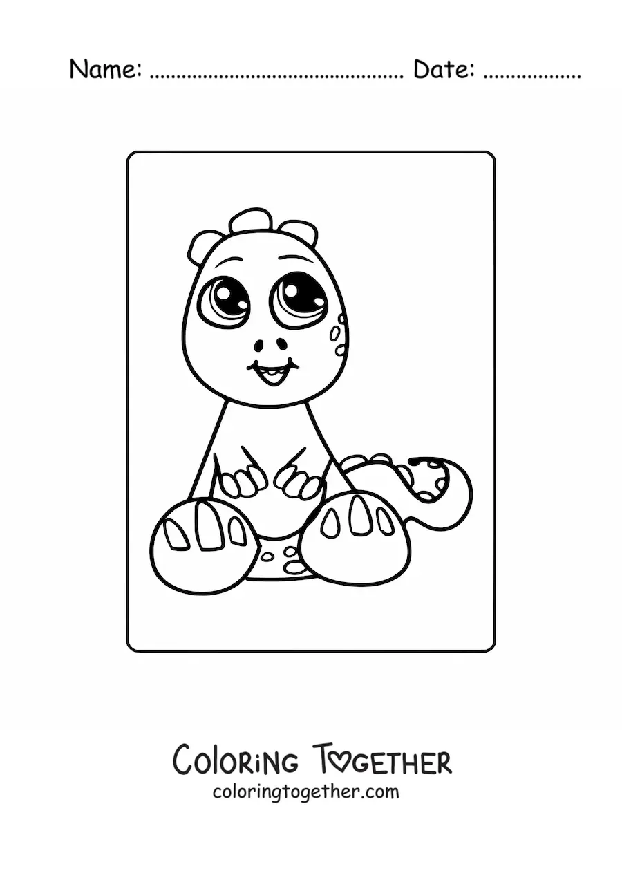 Coloring page of a big kawaii baby dinosaur sitting