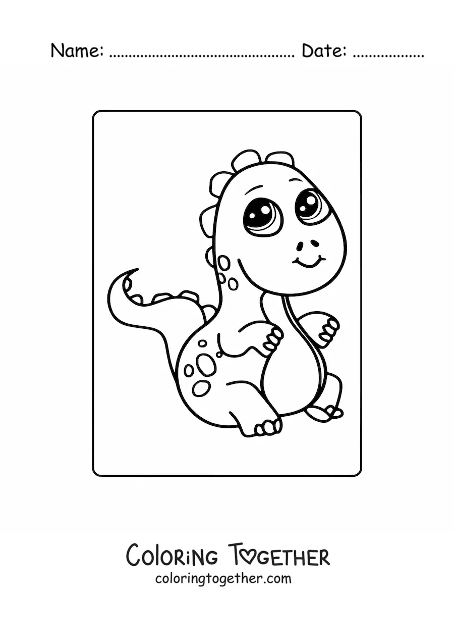 Coloring page of a kawaii baby dinosaur sitting and smiling