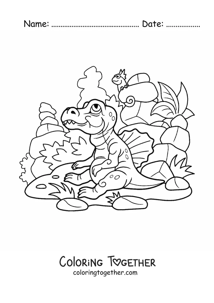 Coloring page of a carnivorous baby dinosaur in its habitat