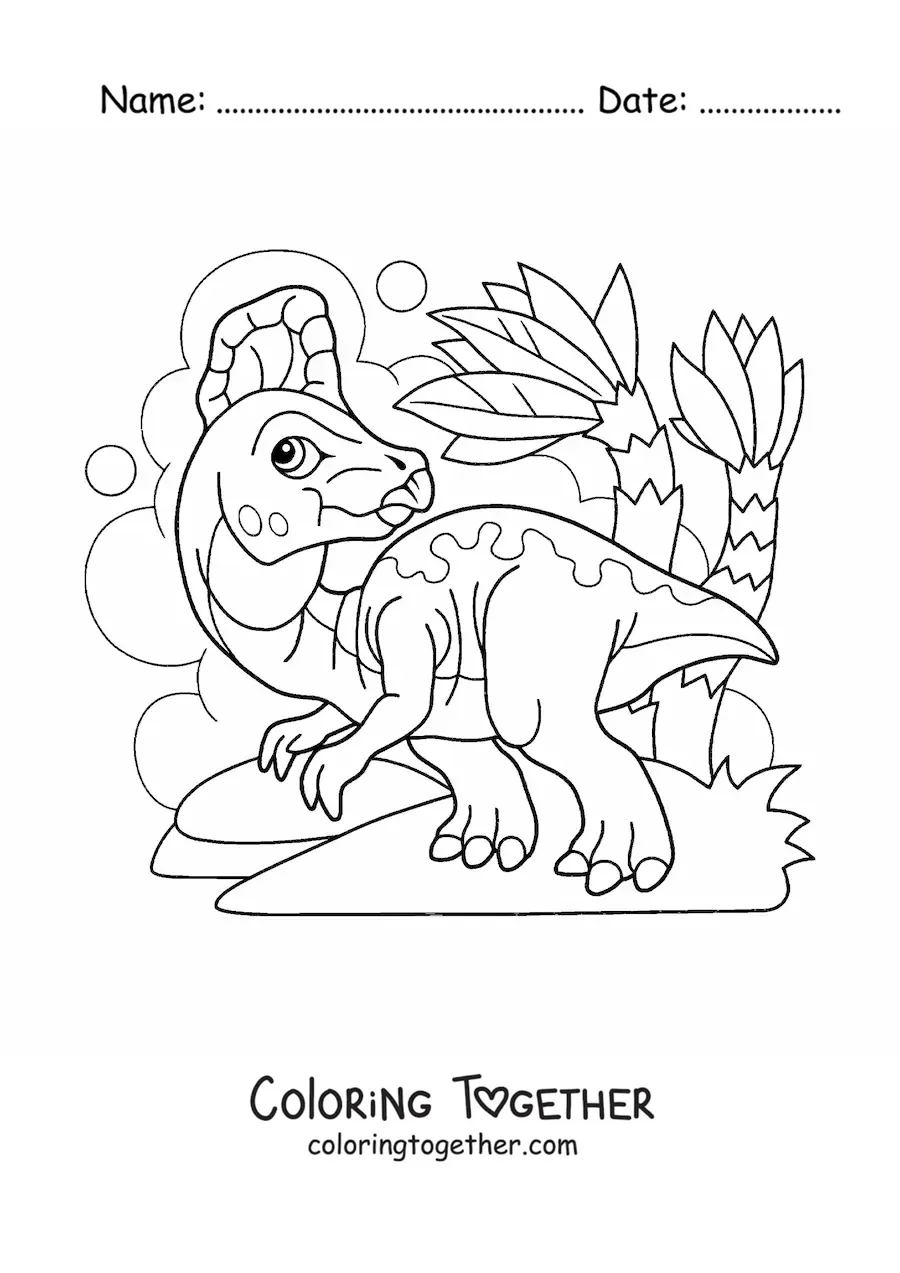 Coloring page of a baby dinosaur walking in its habitat