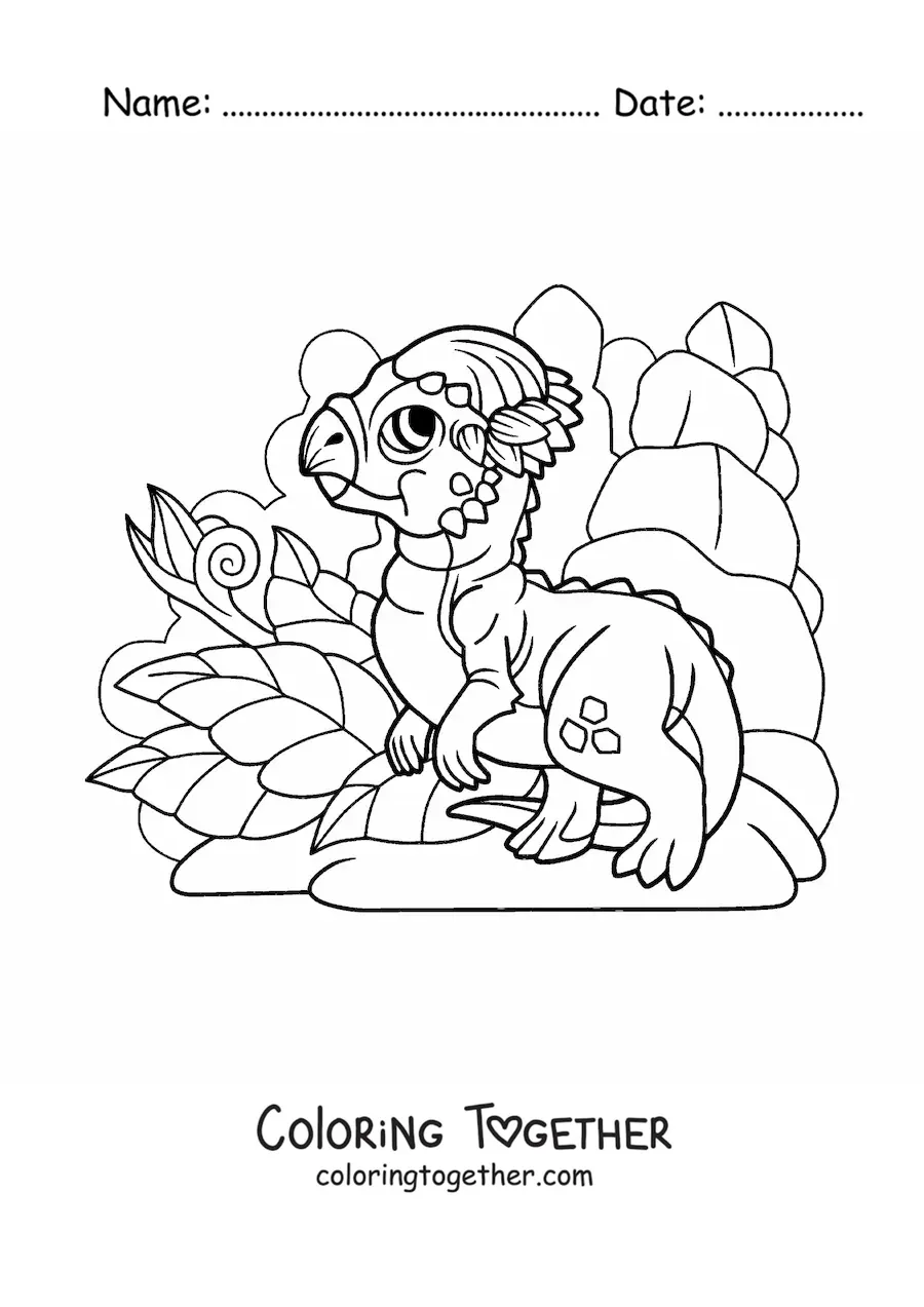 Coloring page of a herbivorous baby dinosaur in its habitat