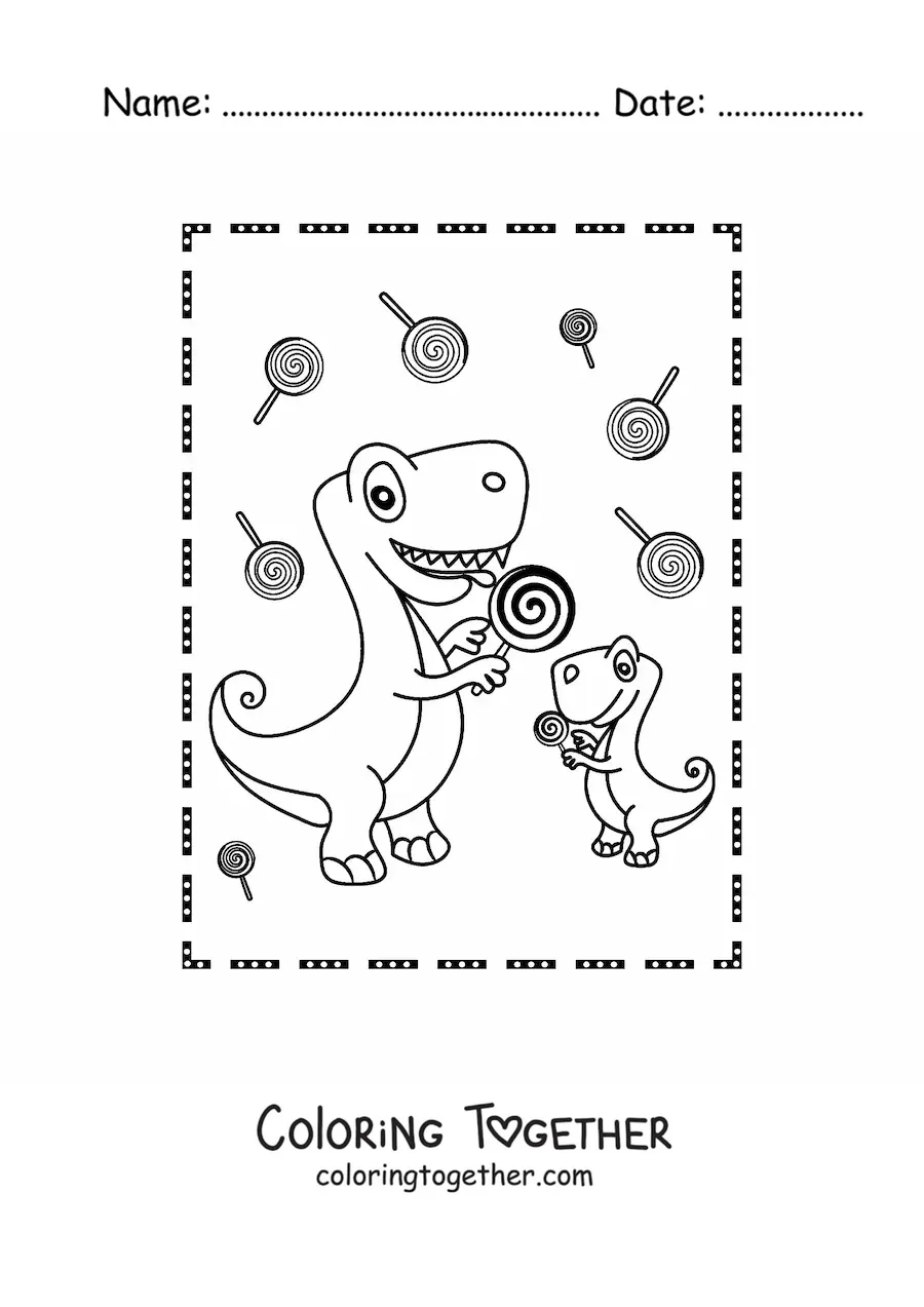 Coloring page of a cartoon baby dinosaur eating sweets with its mom