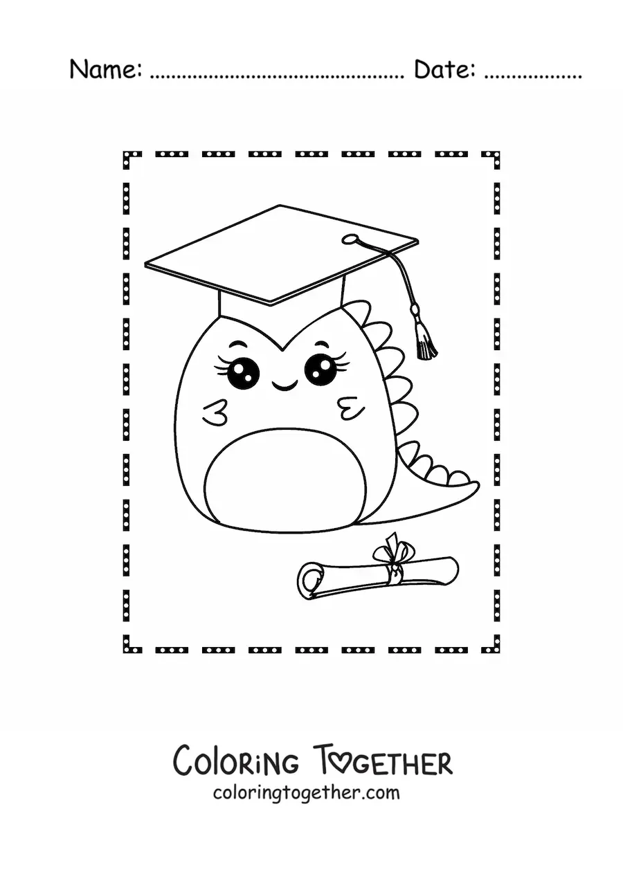 Coloring page of a kawaii baby dinosaur just graduated with diploma and cap