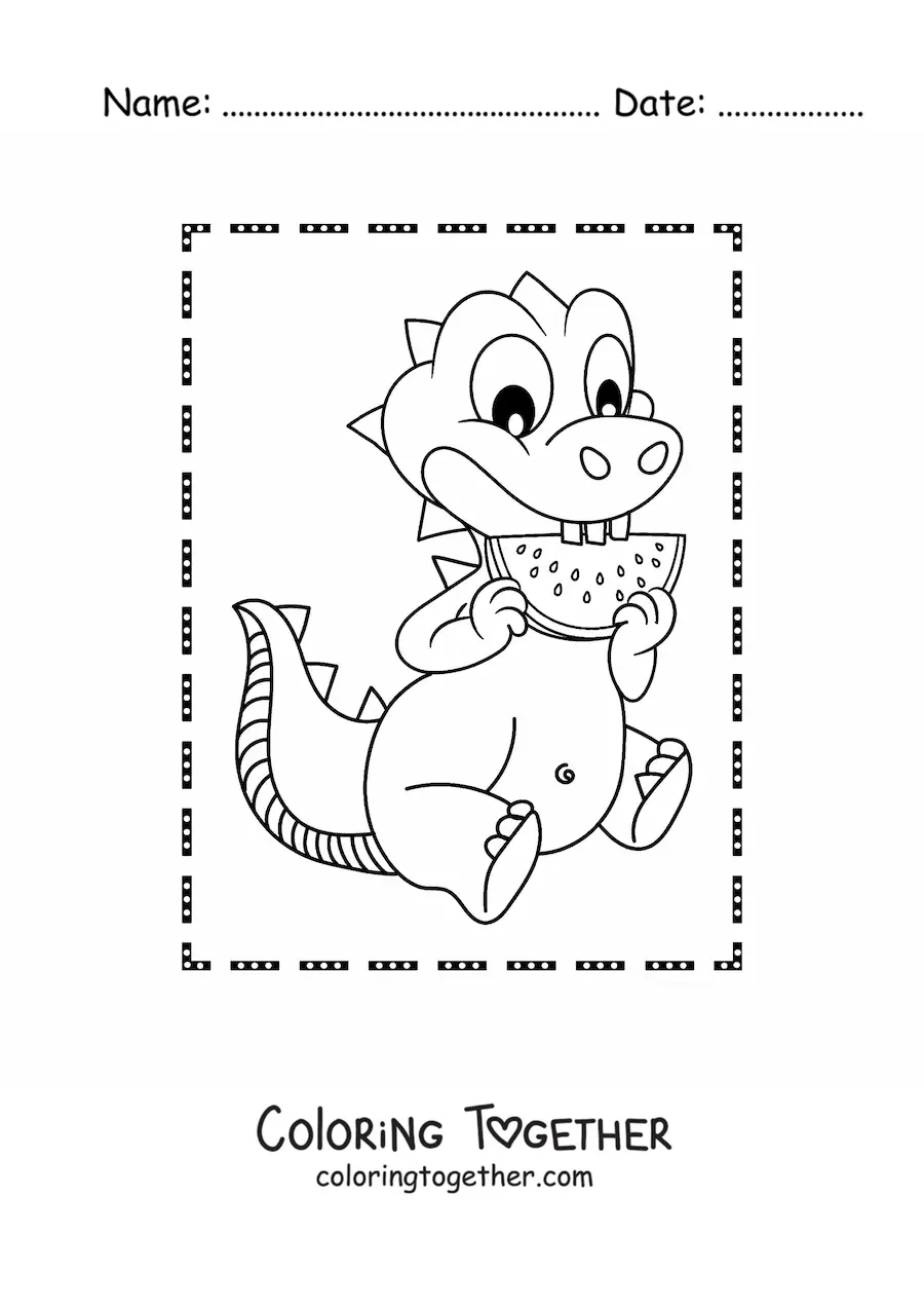 Coloring page of a cartoon baby dinosaur eating watermelon