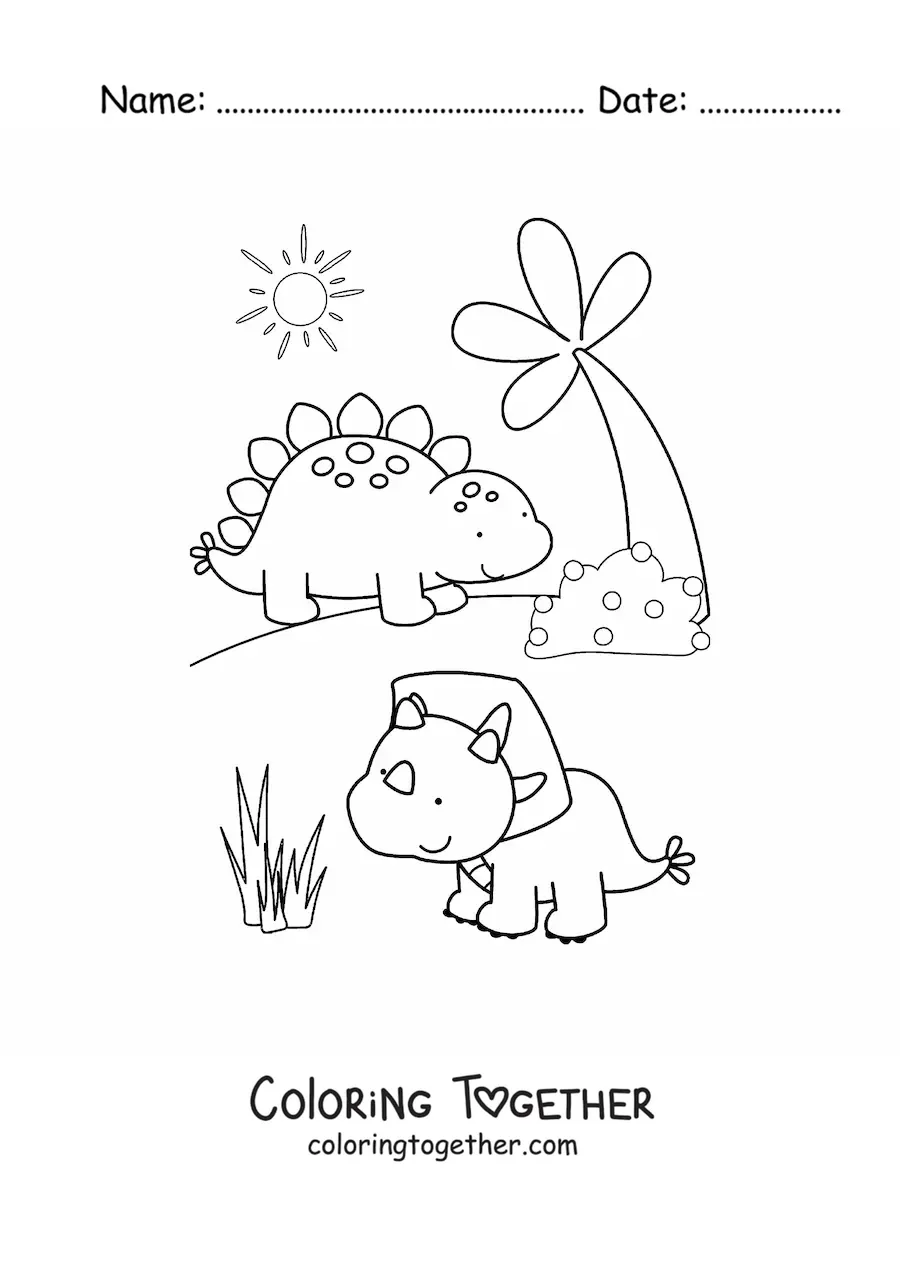 Coloring page of cute baby dinosaurs in their habitat