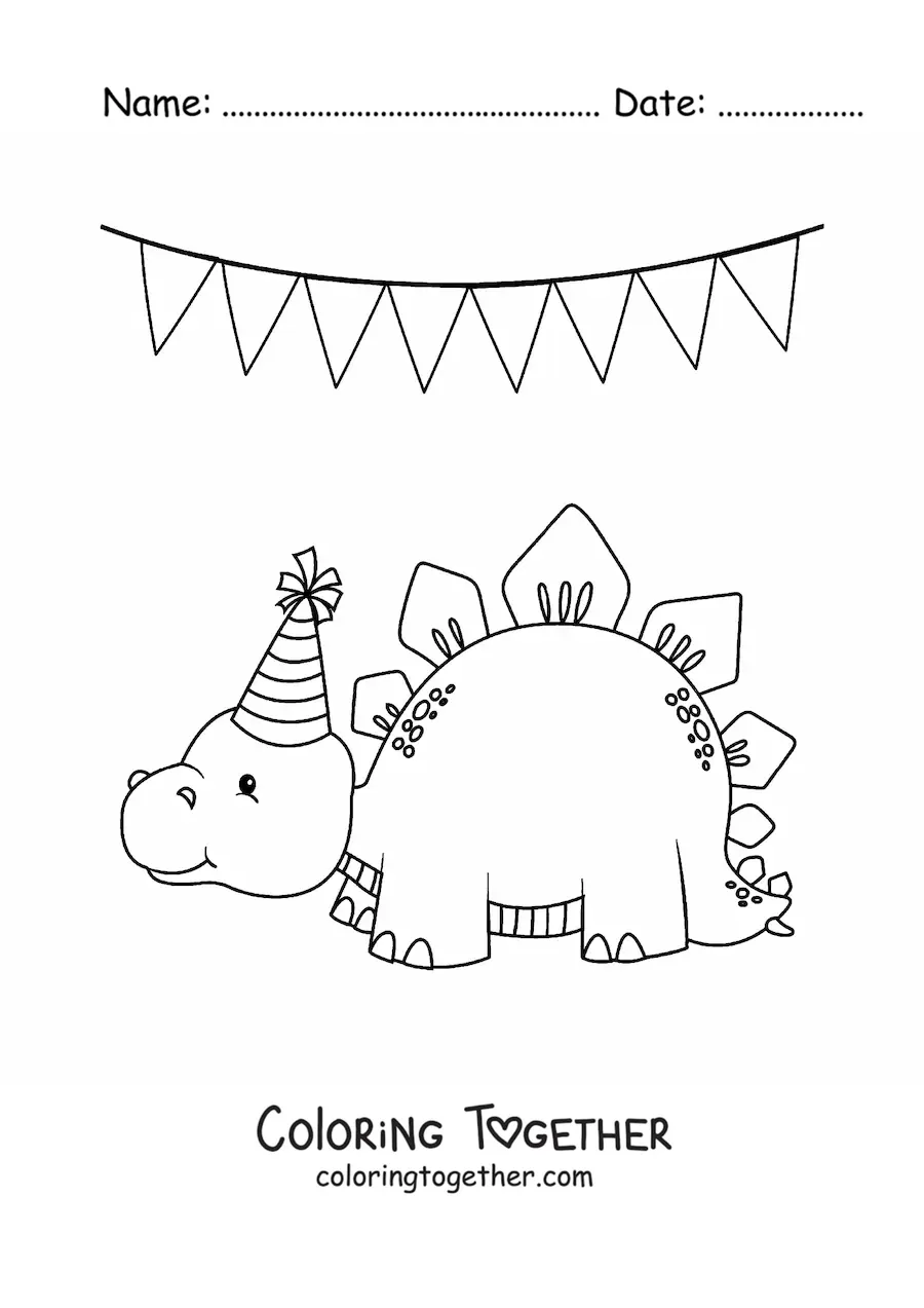 Coloring page of cute baby stegosaurus dinosaurs at a birthday party