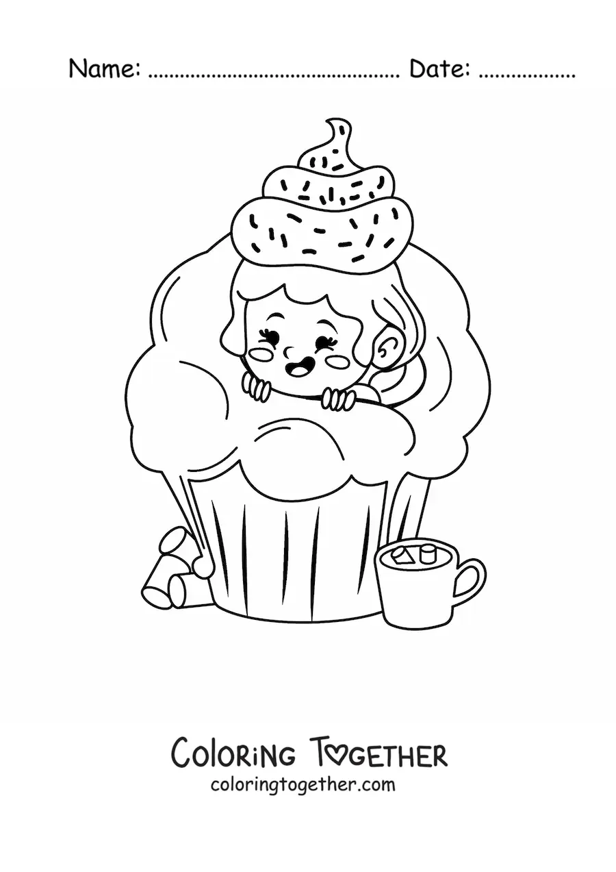 Coloring page of a girl inside a cupcake with frosting on top of her head