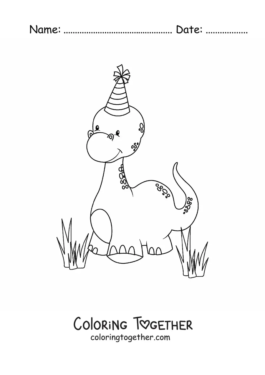 Coloring page of cute long-necked baby dinosaurs with a birthday hat