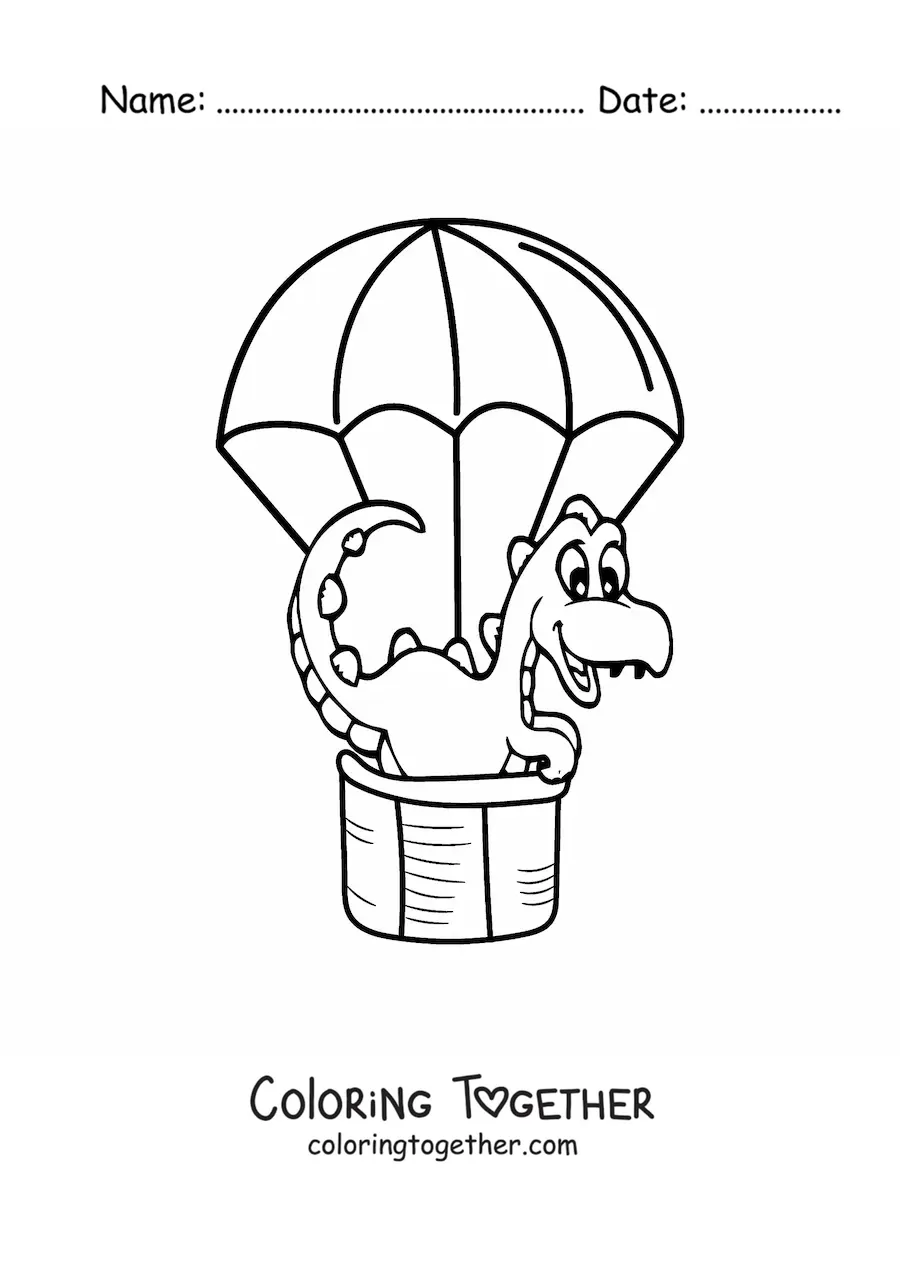 Coloring page of a kawaii baby dinosaur in a hot air balloon
