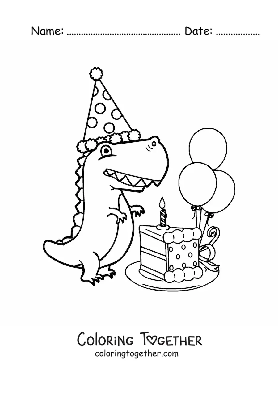Coloring page of a baby tyrannosaurus dinosaur with a birthday cake