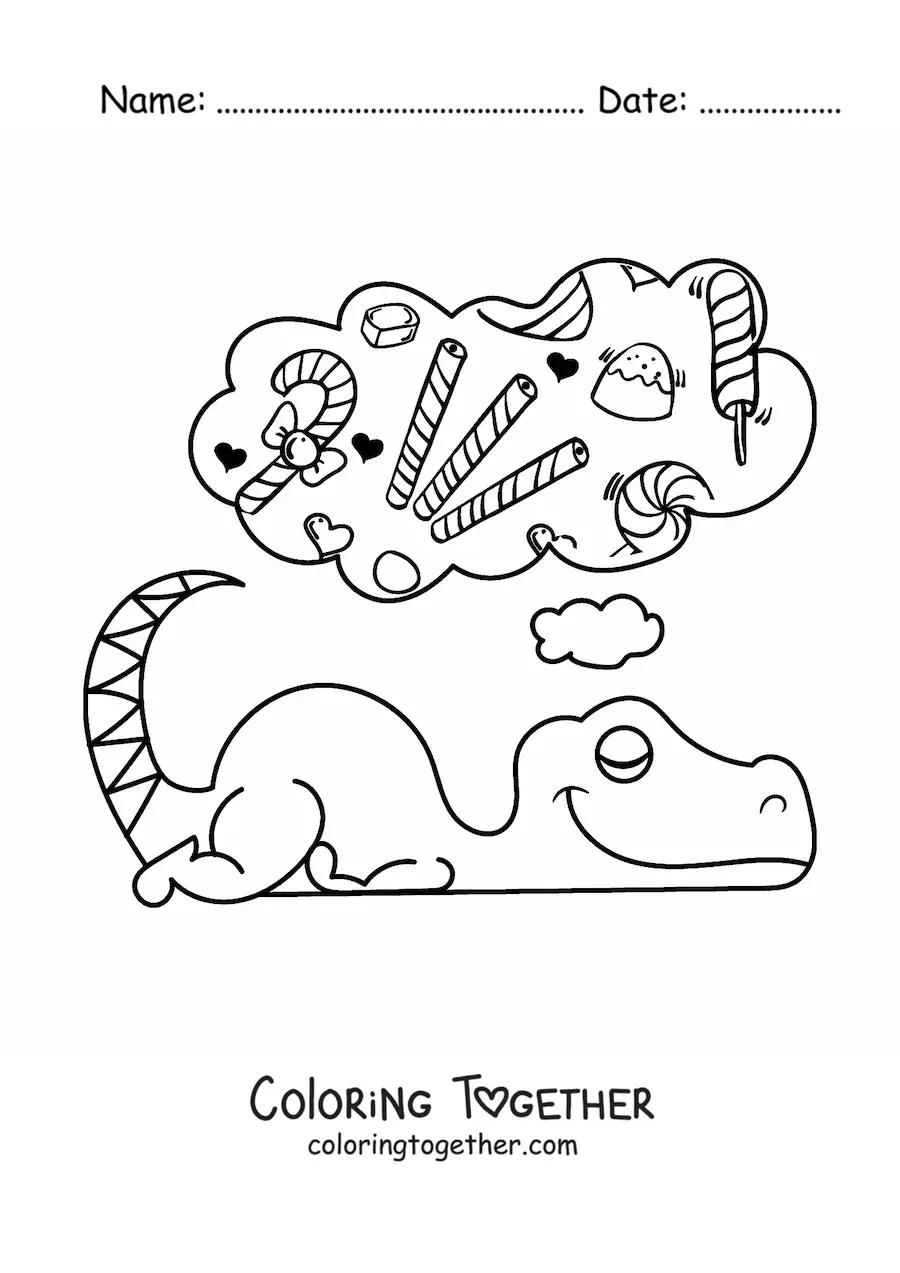 Coloring page of a cartoon baby dinosaur asleep dreaming of sweets