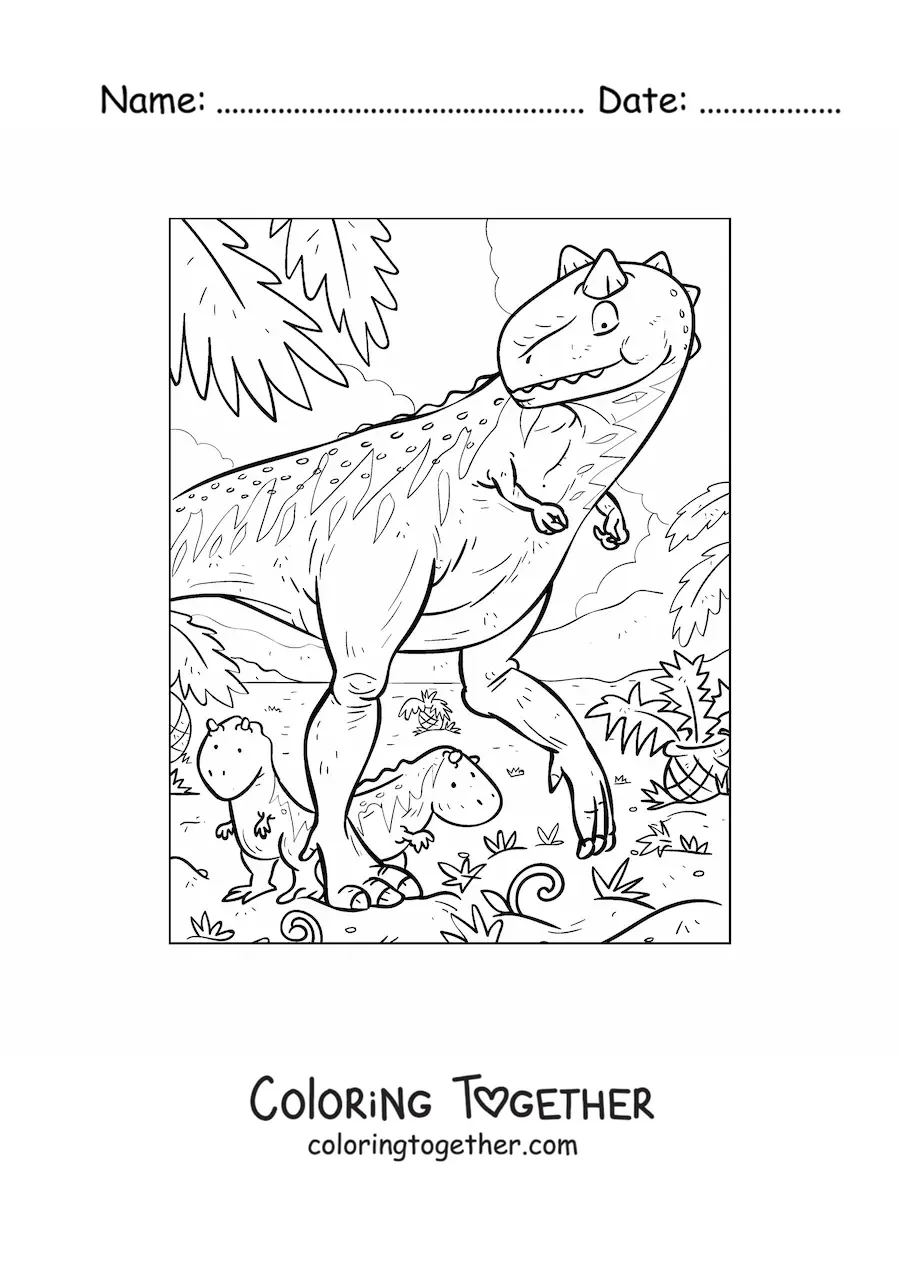 Coloring page of realistic baby dinosaurs with their mom