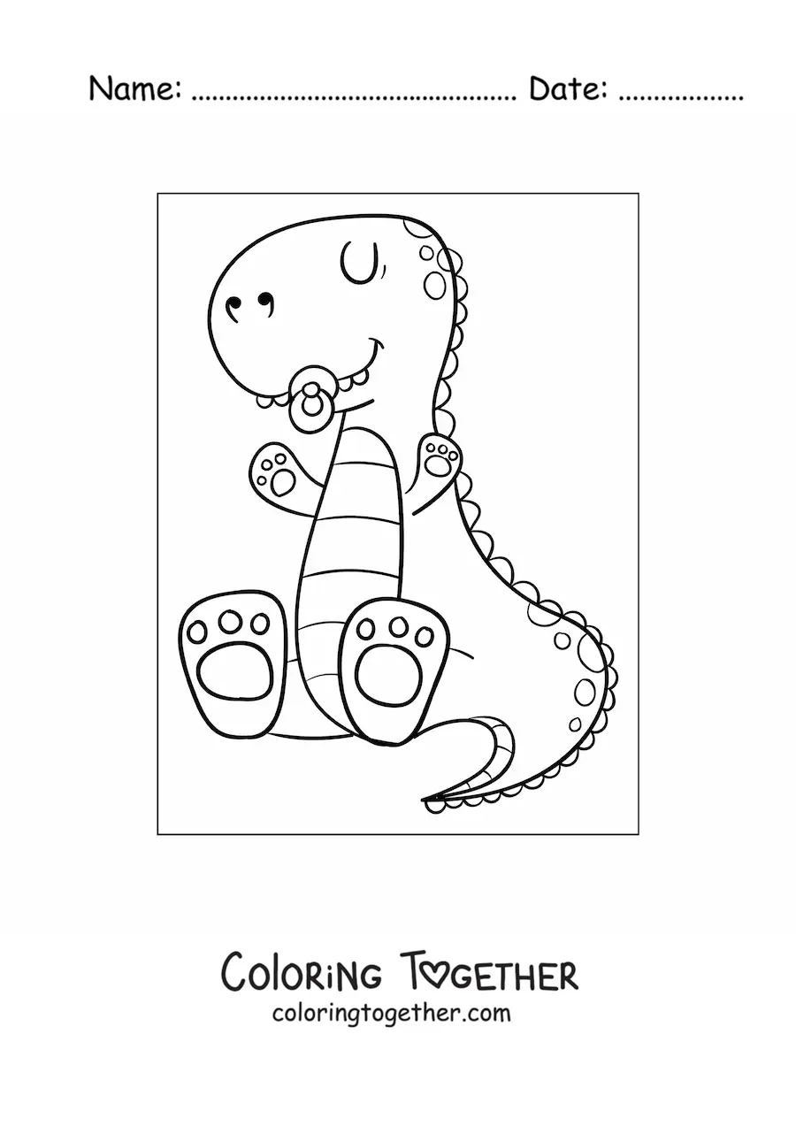 Coloring page of a tender baby dinosaur sitting with a pacifier