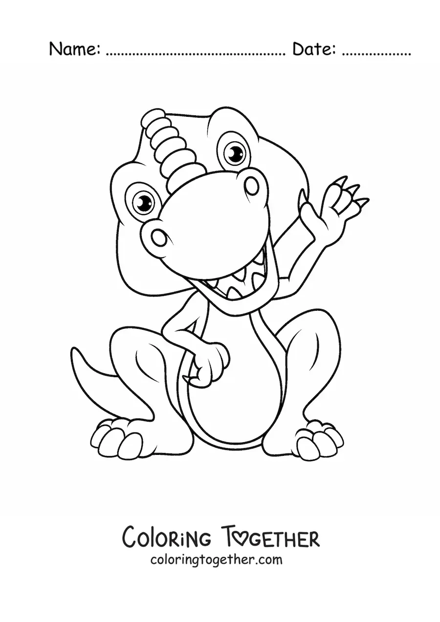 Coloring page of a happy baby dinosaur sitting and waving