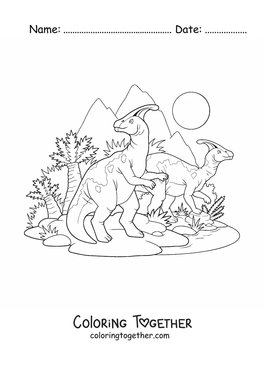 Coloring page of herbivorous dinosaurs together in their habitat