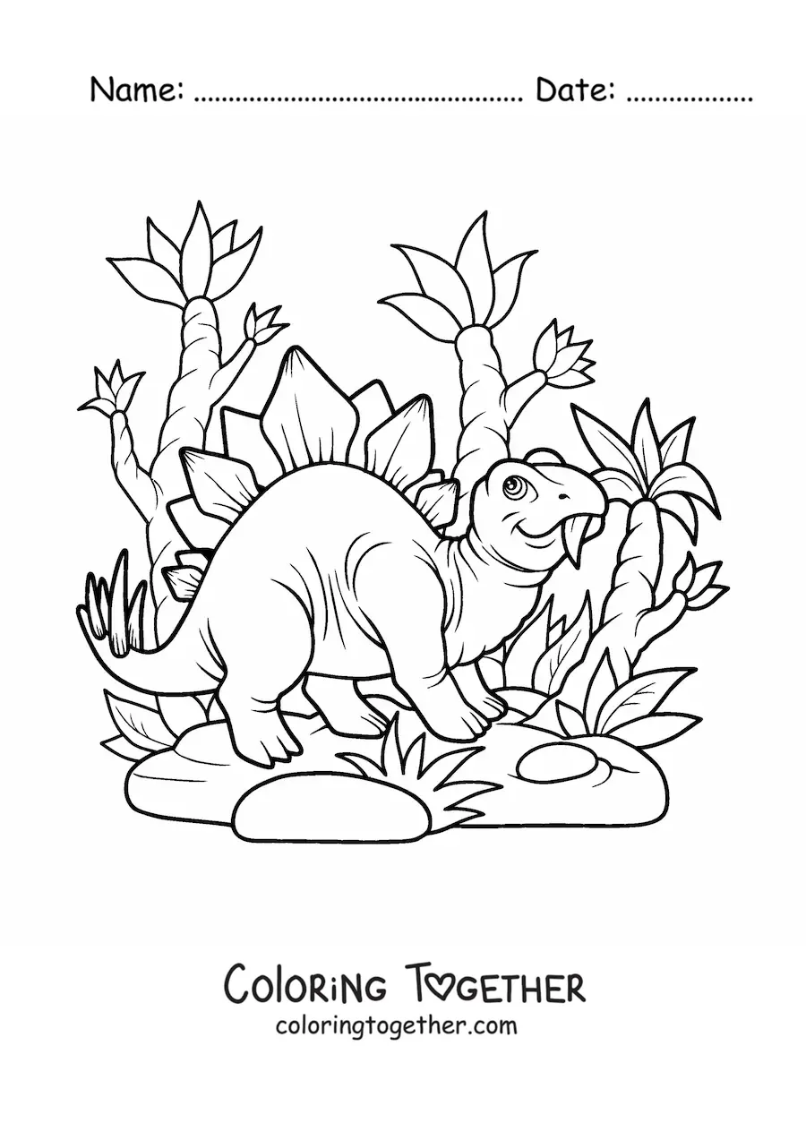 Coloring page of a cartoon herbivorous stegosaurus