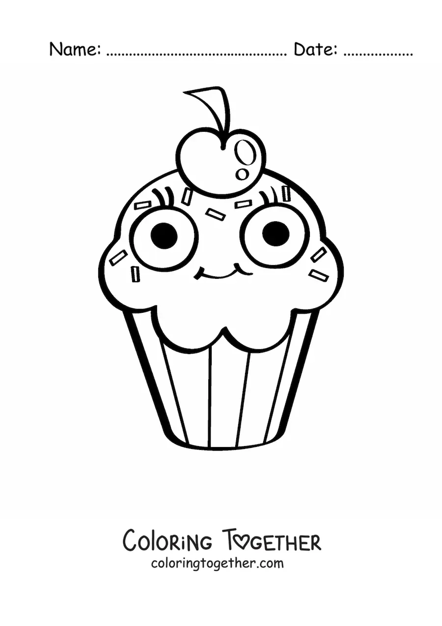 Coloring page of an animated cupcake with a cherry