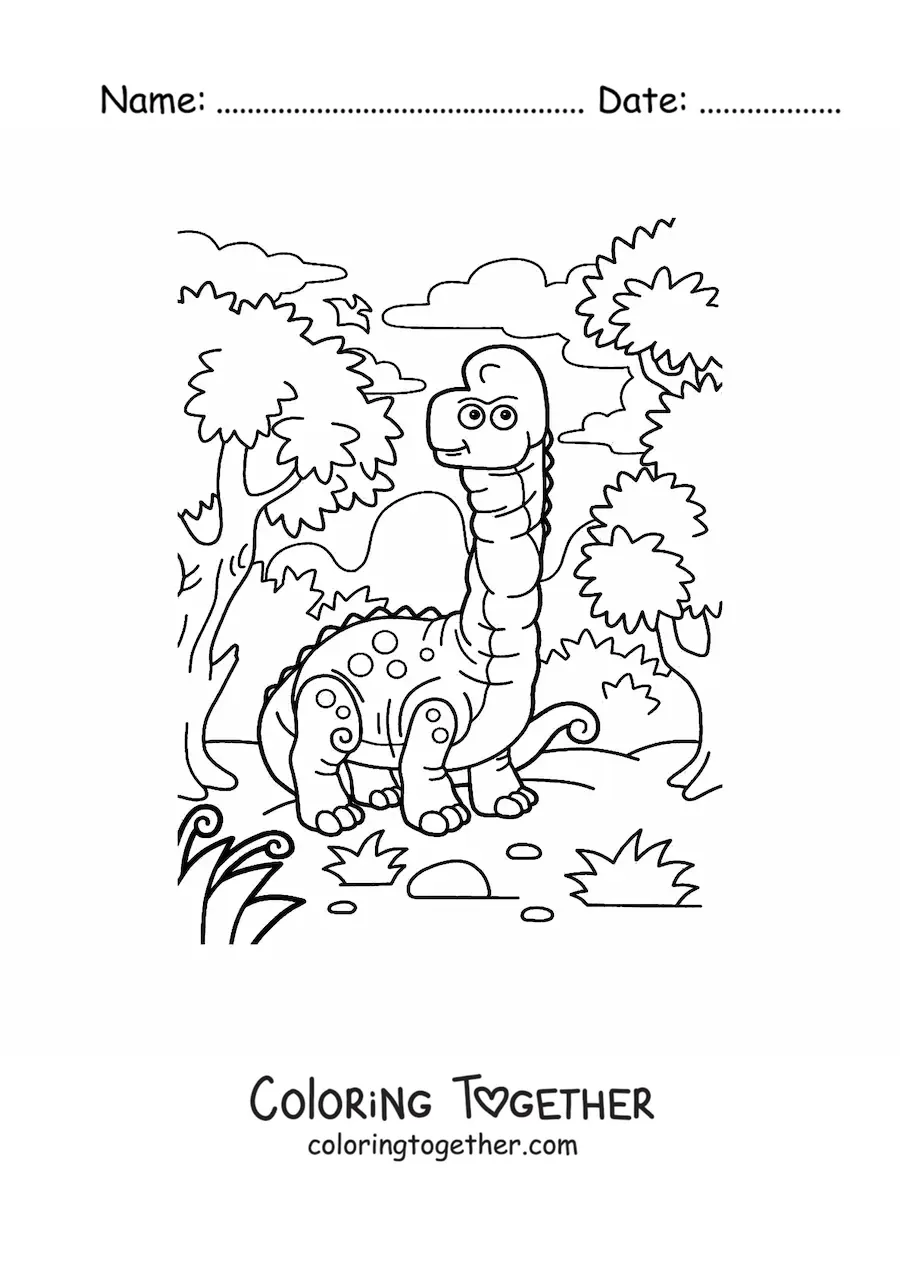 Coloring page of a cartoon long-necked herbivorous dinosaur