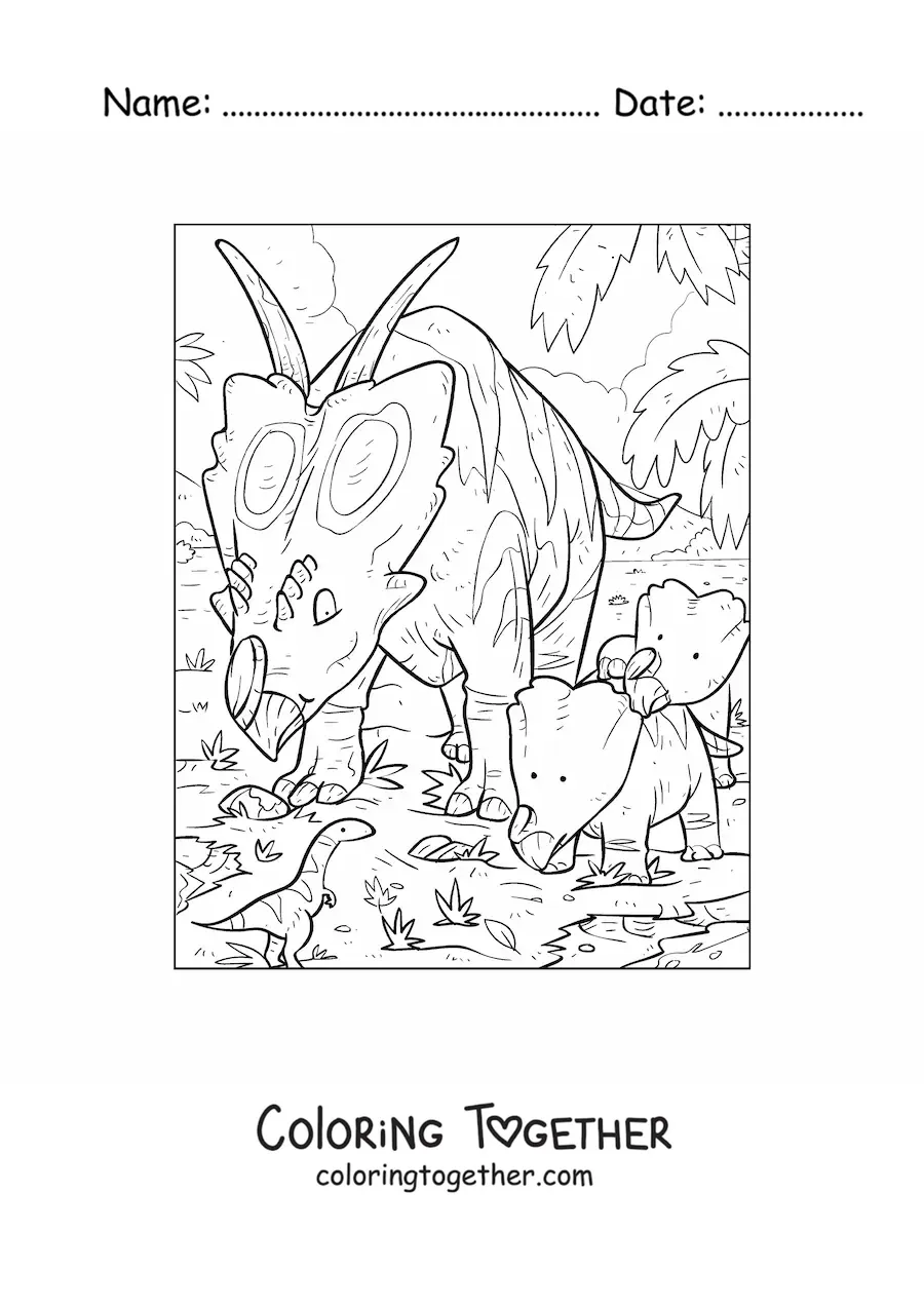 Coloring page of an animated herbivorous Pachyrhinosaurus with its babies